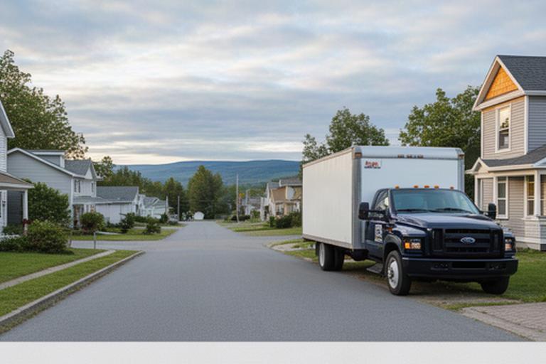 Residential street and moving truck near Campbellton showing the service area across Restigouche County