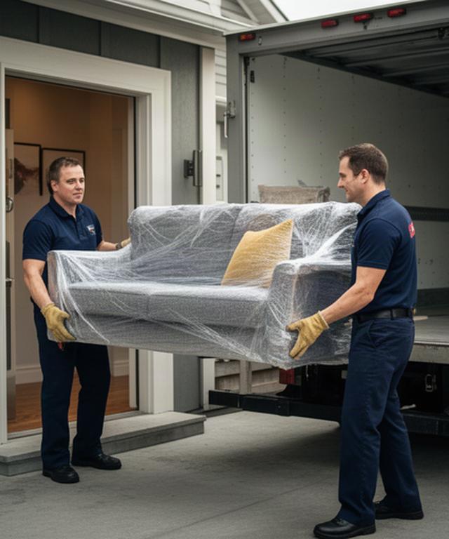 Uniformed movers carrying a wrapped sofa from a Campbellton home into a clean moving truck