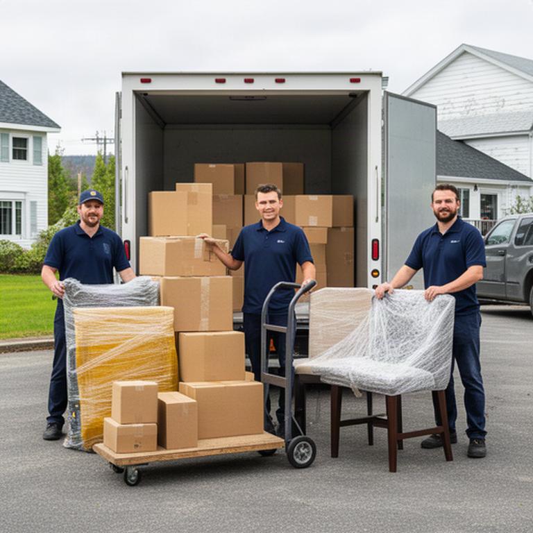 Moving crew preparing labelled boxes and furniture beside a residential truck in northern New Brunswick