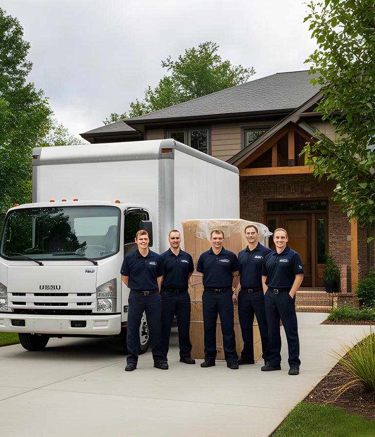 Well-maintained moving truck and uniformed crew parked outside a Campbellton residence