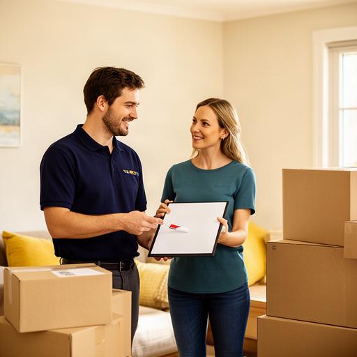 Moving specialist reviewing a home inventory with a client beside packed boxes