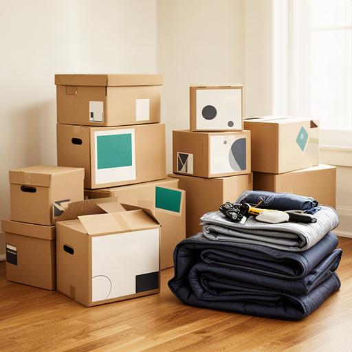Organized moving boxes labelled by room beside protective moving blankets