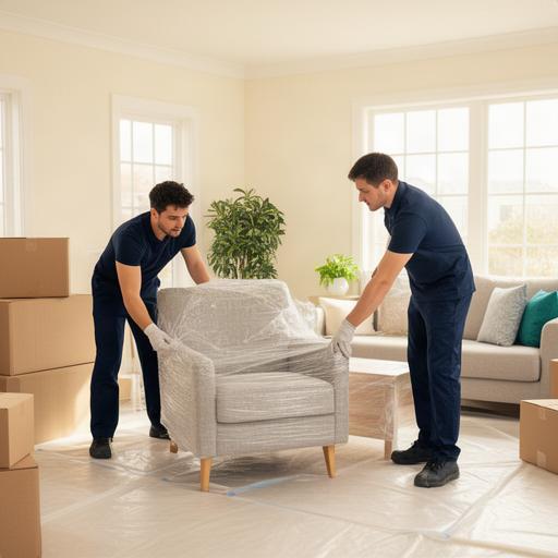 Movers placing a wrapped armchair in a bright new living room during setup