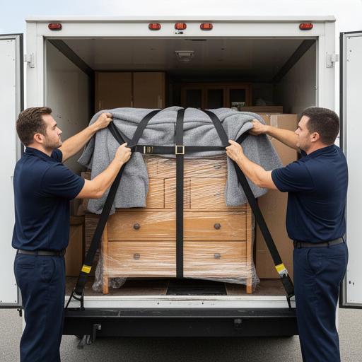 Two movers securing a wrapped dresser inside a moving truck with straps