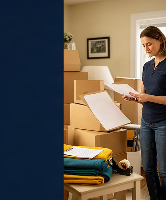 Moving coordinator reviewing a service agreement beside packed boxes in a Campbellton home