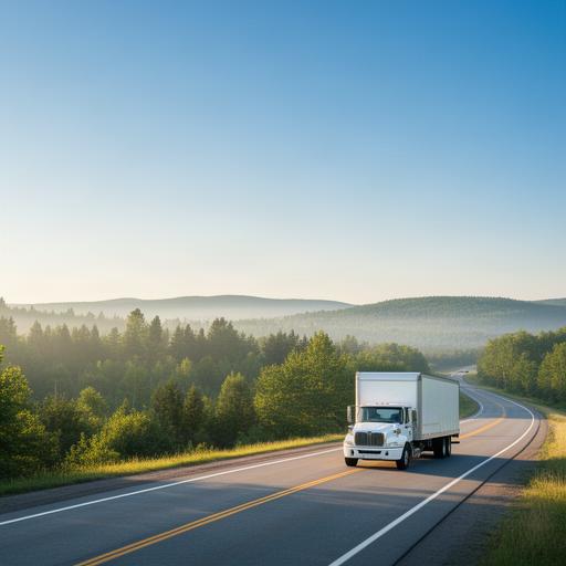 White moving truck travelling on a New Brunswick highway under a clear morning sky