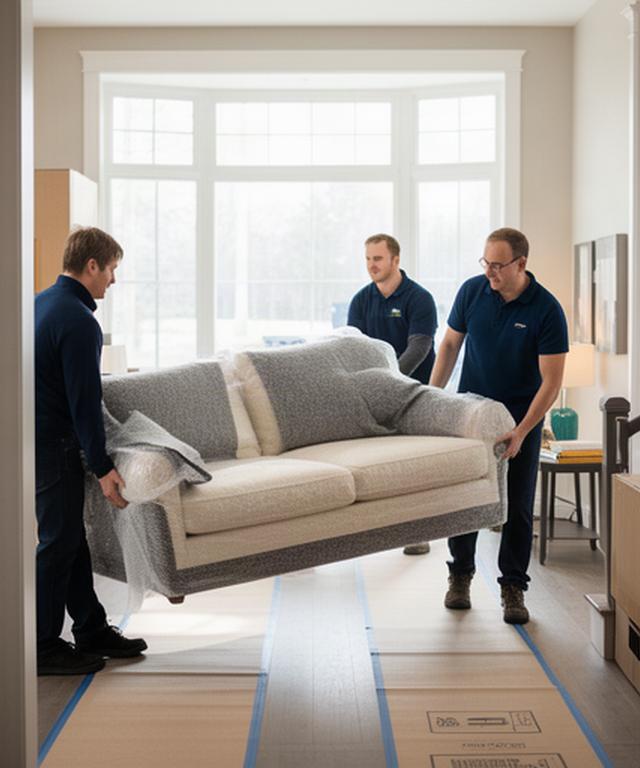 Moving crew carrying a protected sofa through a bright Campbellton home