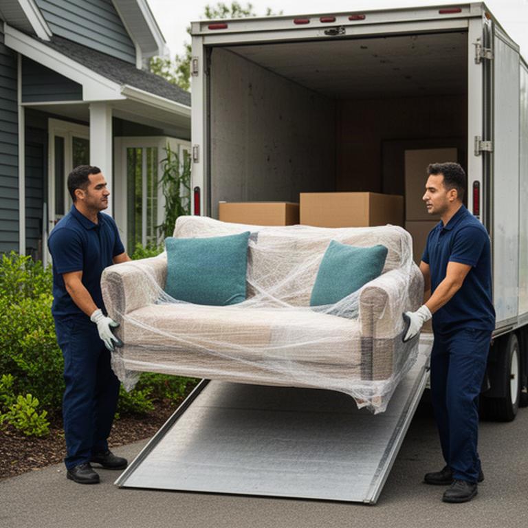 Professional movers carrying a wrapped sofa from a Campbellton home into a moving truck