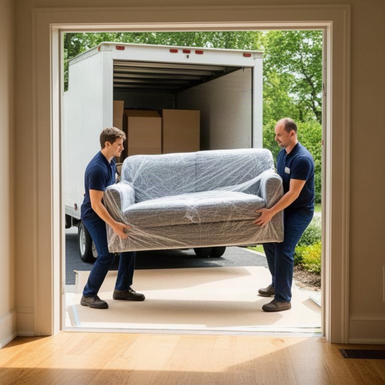 Movers carrying a wrapped sofa through a bright Campbellton home toward a waiting truck