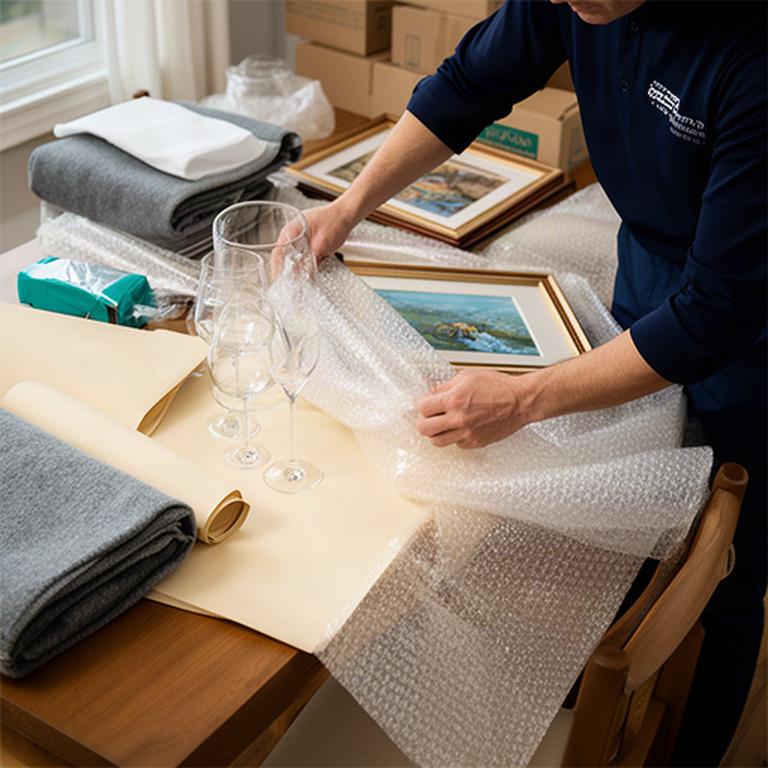 Mover wrapping glassware and framed artwork at a dining table before relocation